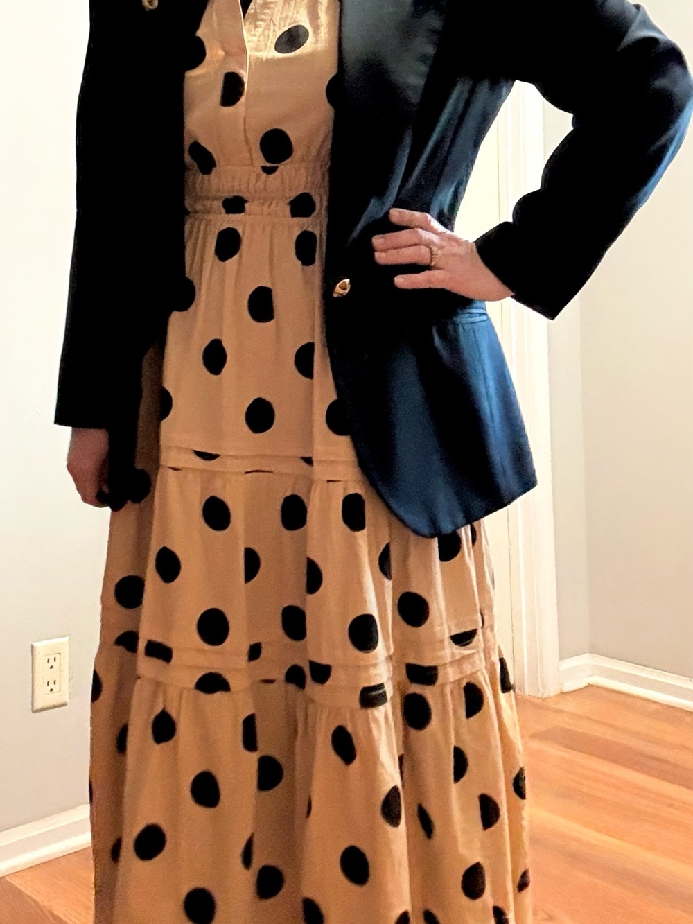 Umgee Tan Maxi Dress with Black Polka Dots